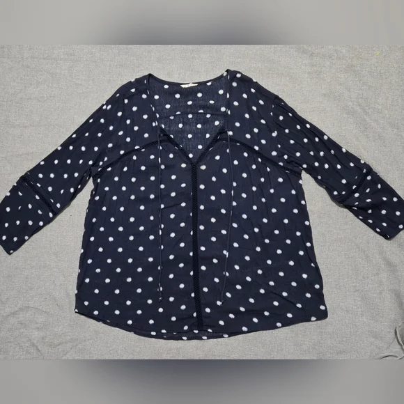 CASLON Blue Boho Blouse White Polka Dots Long Sleeves Size XL - Picture 7 of 12